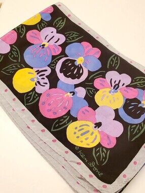KEN DONE Vibrant Floral Silk Scarf in Black, Pink, Lavender & Yellow, VTG